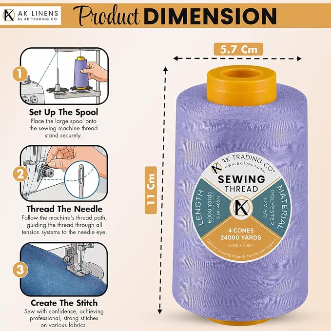 AK TRADING CO. 4-Pack Periwinkle All Purpose Sewing Thread Cones (6000 Yards Each) of High Tensile Polyester Thread Spools for Sewing, Quilting, Serger Machines, Overlock, Merrow & Hand Embroidery