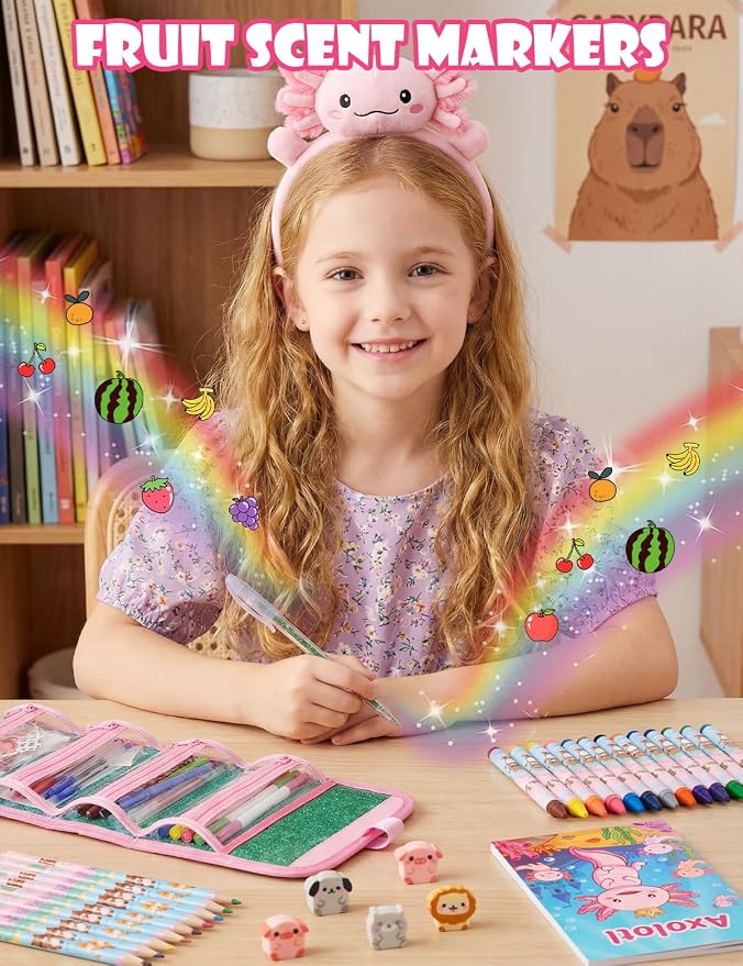 129 PCS Washable Markers Set for Kids 4-8, Axolotl Art Supplies for Kids