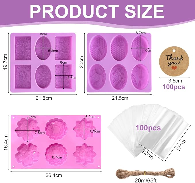 Soap Making Kit with 3 Silicone Molds Bee Lace Flower Shapes 100 Clear Bags 100 Gift Tags 65ft Jute Twine DIY Handmade Soap Craft Set for Beginners Small Business & Gift Making