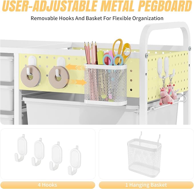 14 Drawer Rolling Storage Cart with Tabletop and Pegboard for Crafts White | Easy Setup, Large Capacity, Sturdy Build, Smooth Mobility, For classroom, office and dorm supplies