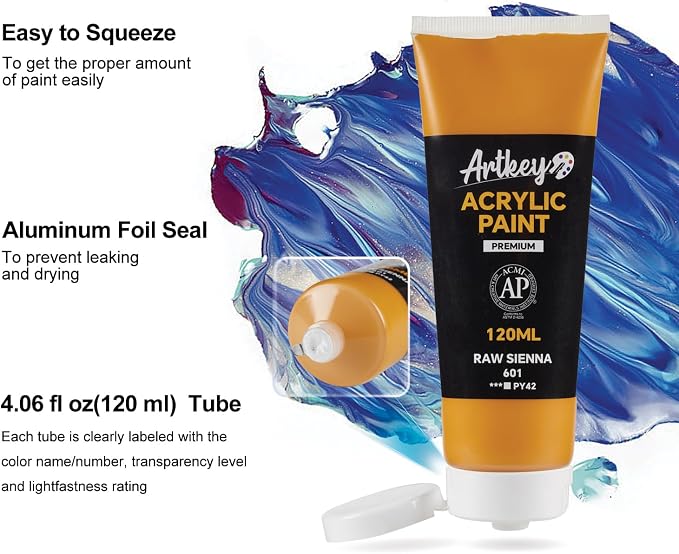 Artkey Acrylic Paint - Raw Sienna (120 ml/4.06 oz) Tubes, Rich & Vibrant Pigments, Professional Artists Acrylic Paints - Art Supplies for Canvas Wood Rock Clay Fabric Ceramics Art Crafts Painting