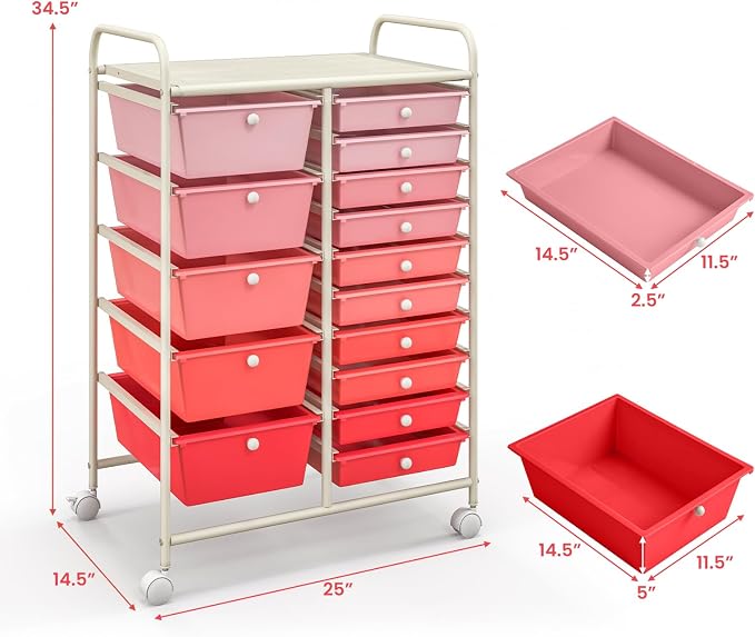 Giantex 15 Drawers Rolling Cart, Classroom Organizers, Storage Cart with Wheels, for Teacher Office Home School Supplies Tool Craft Art Paper