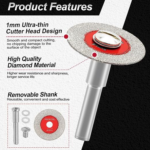 Mini Diamond Glass Cutting Disc - FOCSTOL 5pcs 1-3/16 Inch(30mm) Saw Blade and 1pc 1/4 Inch(6mm) Round Shank for Glass Jade Marble Granite Artificial Stone Porcelain Tile Ceramic