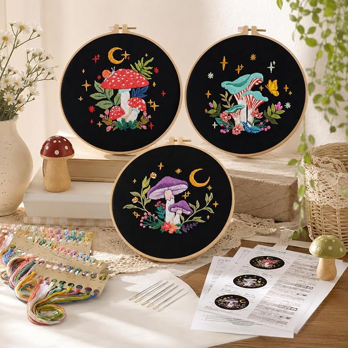 Nuberlic 3 Pack Embroidery Kit for Beginners, Mushroom Cross Stitch Kit
