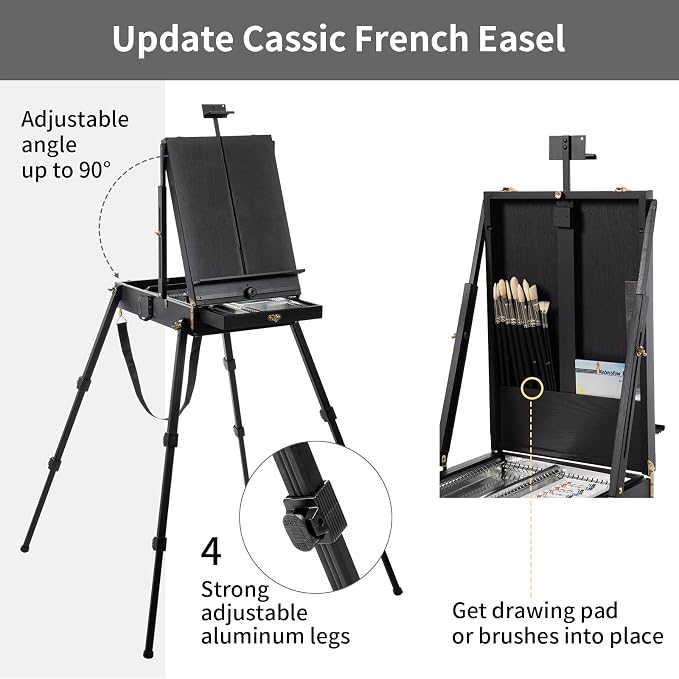 Falling in Art 4 Legs Portable Beechwood French Easel, Black | Plein Air Easel with Bigger Storage Drawer, Full Size Sketchbox Travel Easel for Painting, Drawing, Artwork