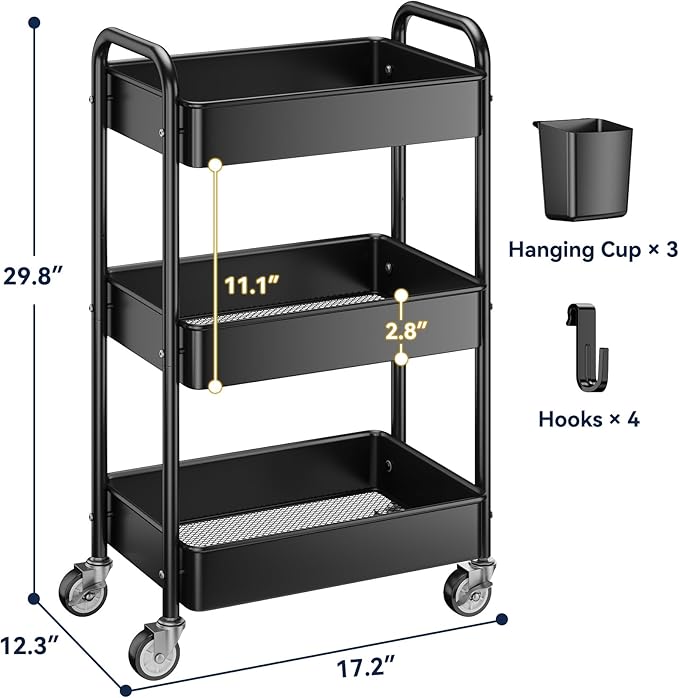 YASONIC 3 Tier Rolling Cart, Heavy Duty Metal Utility Cart with Wheel Black