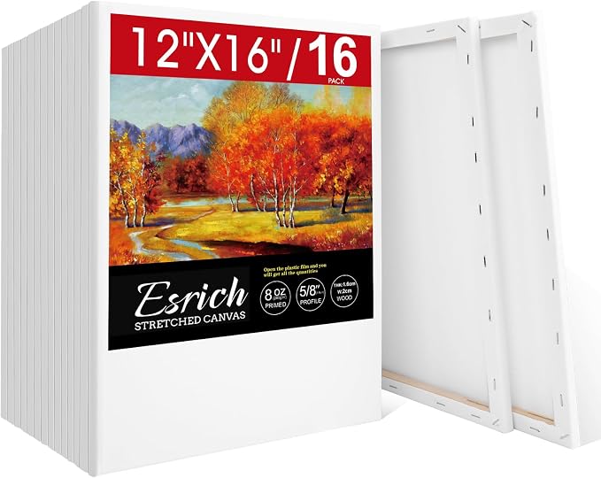 ESRICH Stretched Canvas for Painting 12x16 Inch, 16 Pack Blank Canvas Bulk-5/8 in Profile Primed Cotton White Canvases for Painting for Oil & Acrylic Paint