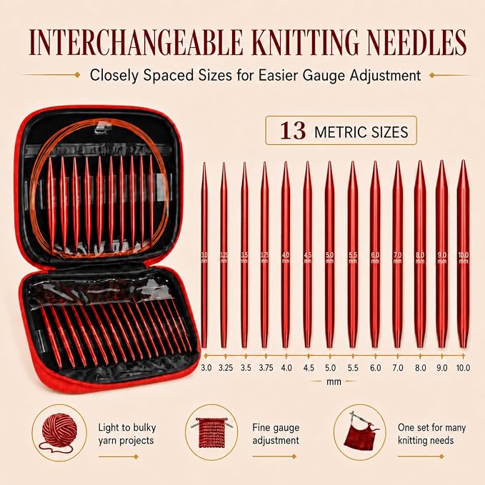 Aeelike 13 Pair Interchangeable Circular Knitting Needles Set 3-10 mm, Red | Aluminum Interchangeable Knitting Needles with 4 Cables, Smooth Complete Needles Set for Socks Blankets Sweaters, Ideal Gift