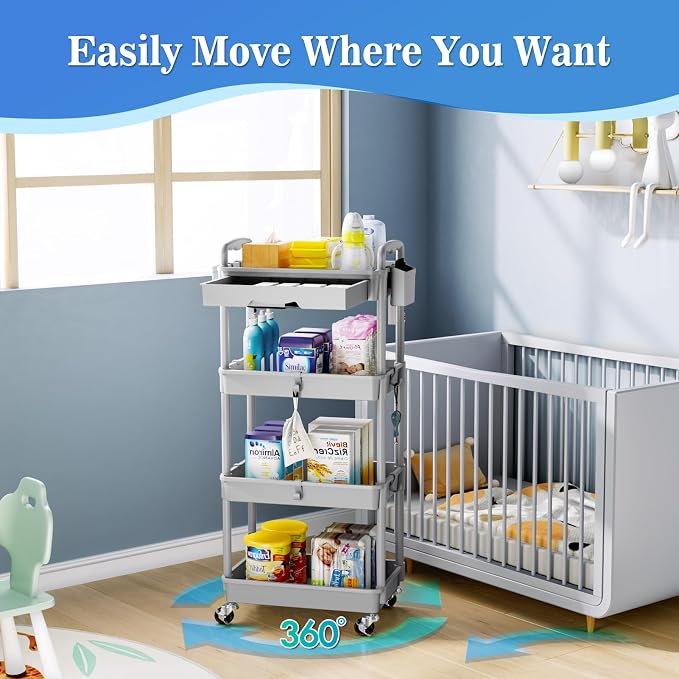 SUNALLY 4 Tier Rolling Cart with Drawer, Craft Storage Cart Organizer, Gray