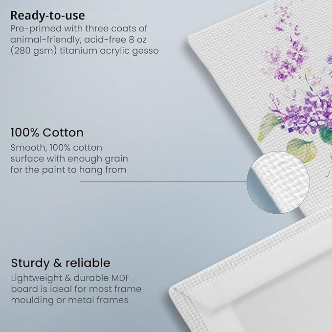 ARTEZA Canvas Panels Multi-Pack, 28 Blank Canvas Boards, 5 x 7, 8 x 10, 9 x 12 and 11 x 14 in, 100% Cotton Pre-Primed Painting Canvases for Acrylic, Oil, Gouache, Pouring, and Crafts