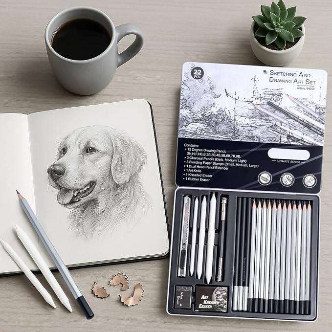 Drawing Sketching Pencil Set, 22 PCS Graphite and Charcoal Pencils with Blending Stumps, Erasers, Art Knife & Pencil Extender in Metal Box, Artist Sketching Supplies for Drawing & Shading (22 Pcs)