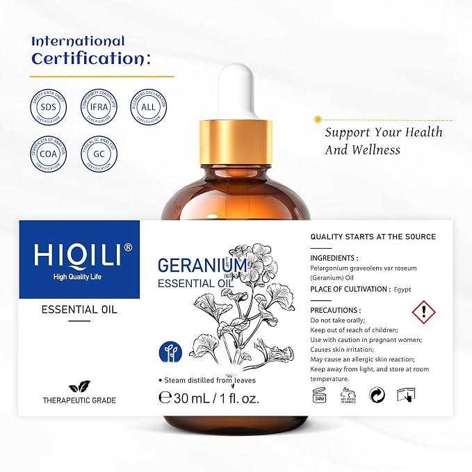 HIQILI Geranium Essential Oil for Diffuser & Skin Care