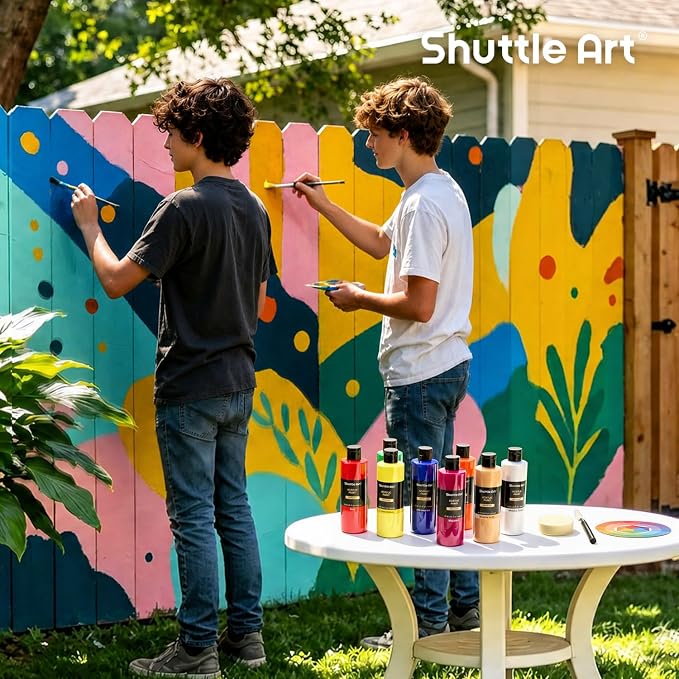 Shuttle Art Outdoor Acrylic Paint Set, 16 Colors Waterproof Paint, 8.45oz Large Bottles, Rich Pigmented Bulk Painting Supplies for Artists, Beginners on Rocks, Wood, Wall, Crafts, Garden Statues