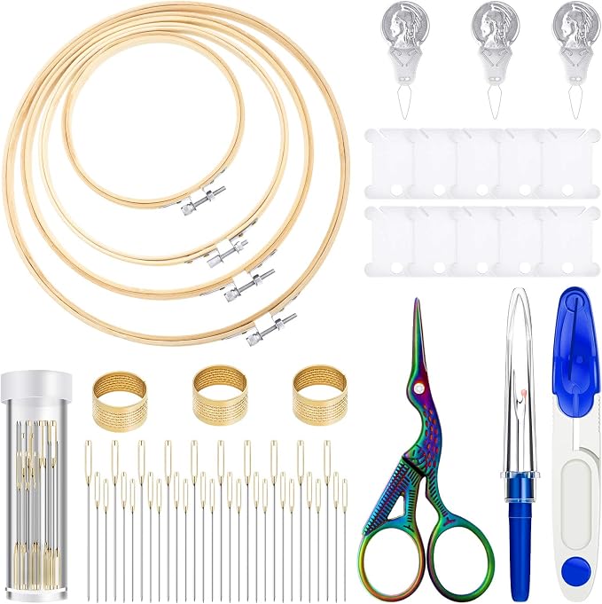 Mudder 53 Pcs Cross Stitch Kit with Embroidery Hoop Bamboo Needles,Blue | Bamboo Hoop Rings Scissors Threading Tool Thimbles Bobbins Seam Ripper for Cross Stitch Embroidery Starter Projects