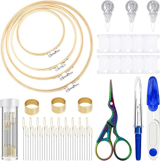 Mudder 53 Pcs Cross Stitch Kit with Embroidery Hoop Bamboo Needles,Blue | Bamboo Hoop Rings Scissors Threading Tool Thimbles Bobbins Seam Ripper for Cross Stitch Embroidery Starter Projects