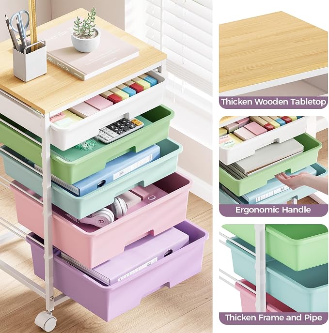 SYKIARIOL 5-Tier Rolling Cart with Drawers with Wooden Top, Ice Cream | Mobile Craft Storage Drawer Cart Trolley for Home Office, Classroom, Craft Room & Kid Room