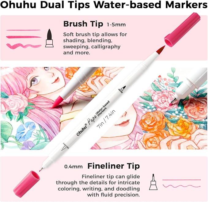 Ohuhu Adult Coloring Book Markers Paper-friendly Water-Based 60 Colors-Pupe