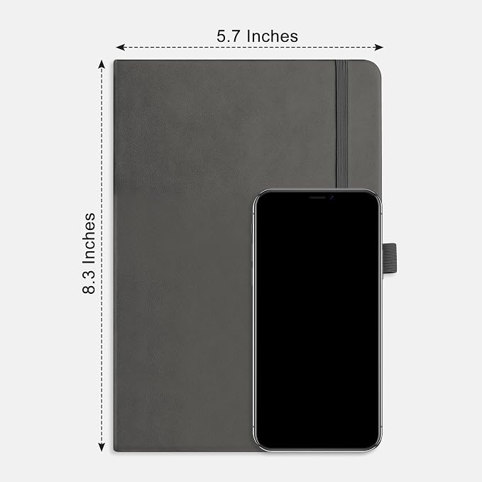 RETTACY Dotted Journal Notebook, 192 Pages, A5 Medium Size (5.7'' x 8.3'') | Leather Hardcover, 100 GSM Thick Paper, for Journaling, Planning, Tracking (Gray)