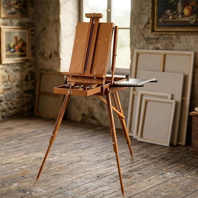 MEEDEN Portable French Easel for Painting: Beech Wood Plein Air Art Easel | Wooden Sketchbox for Outdoor Travel - Studio Art Easel Stand with Metal Side Tray - Holds Canvas up to 34"- Walnut