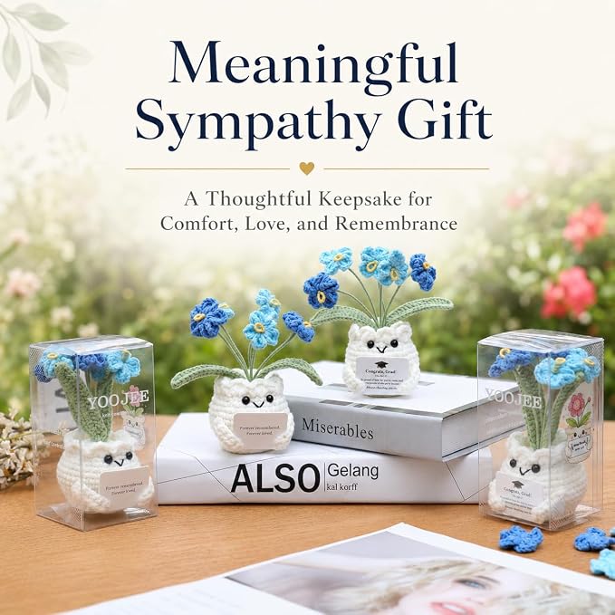 Handmade Crochet Forget Me Not Flower Pot Sympathy Gifts for Loss | Grief Support Gift, PET gift box, Meaningful Blue Forget Me Not Flower, Memorial Gift, Home & Desk Decor Gift Idea