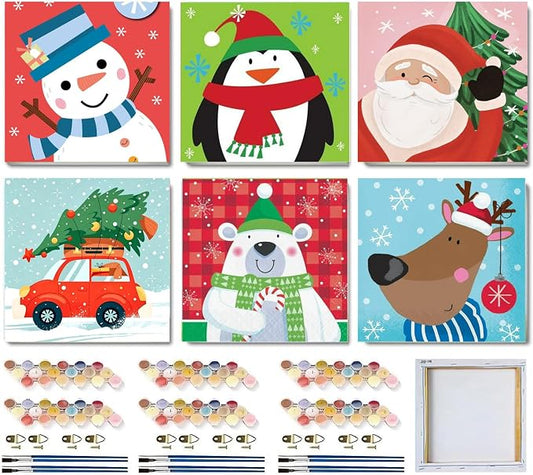 MXCFZX 6 Pcs Easy Christmas Paint by Numbers Kit Kids/Adults Framed 8x8in | Christmas Acrylic Paint by Numbers on Canva,Santa Oil Painting with Brushes,Beginners Paint-by-Number Kit for Home Wall Decor