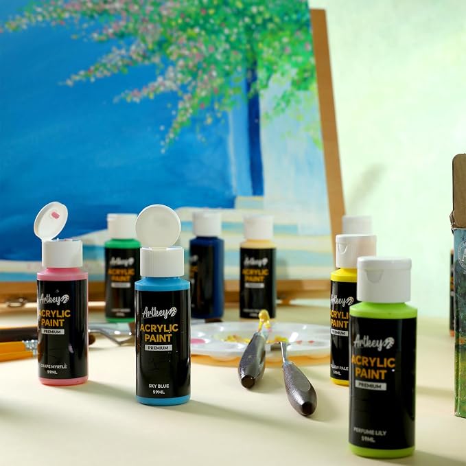 Artkey Acrylic Paint Set, 16 Colors 2 oz/59 ml Acrylic Paint Kit for Professional Artists & Beginners – Summer Bold Art & Craft Supplies for Canvas, Wood, Fabric, Rock, Leather, Ceramic, Glass
