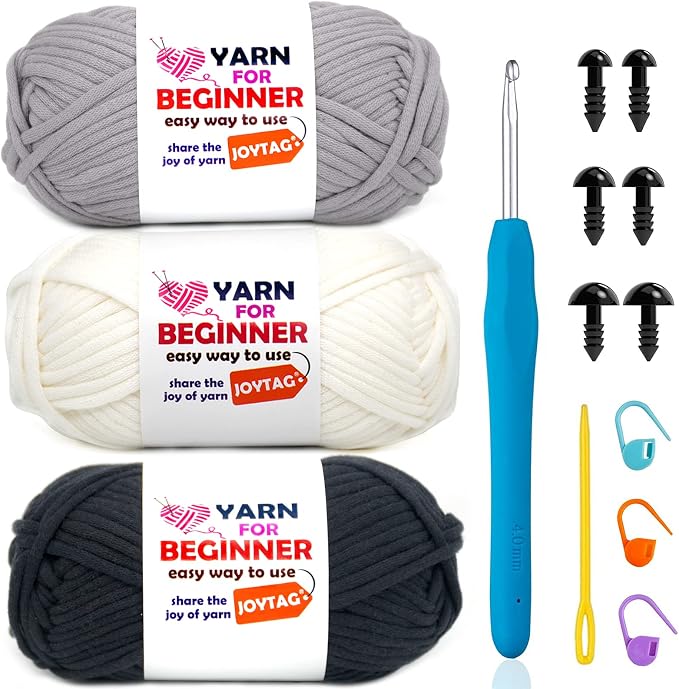 3 Pack Beginners Crochet Yarn Black White Grey Cotton Crochet Yarn for Crocheting Knitting Beginners with Easy-to-See Stitches Cotton-Nylon Blend Crochet Yarn for Beginners Crochet Kit(3x50g)