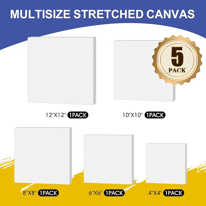 FUMILE Stretched Canvas for Painting Multi 5 Pack Square Canvas 4x4, 6x6, 8x8, 10x10, 12x12(1 of Each), Cotton Primed Acid Free Blank Canvases for Oil Paint, Acrylic Paint, Gouache and Tempera.