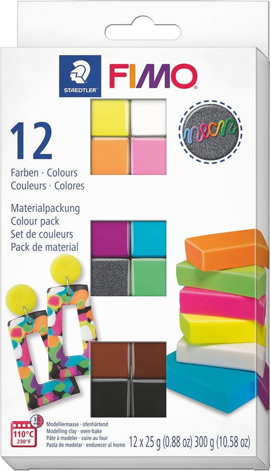 STAEDTLER FIMO Effect & Soft Oven-Bake Polymer Clay - Neon Collection: 12 x 25g Half Blocks - for Modeling, Jewelry, Sculpting, Adult Arts and Crafts Supplies & Hobbies