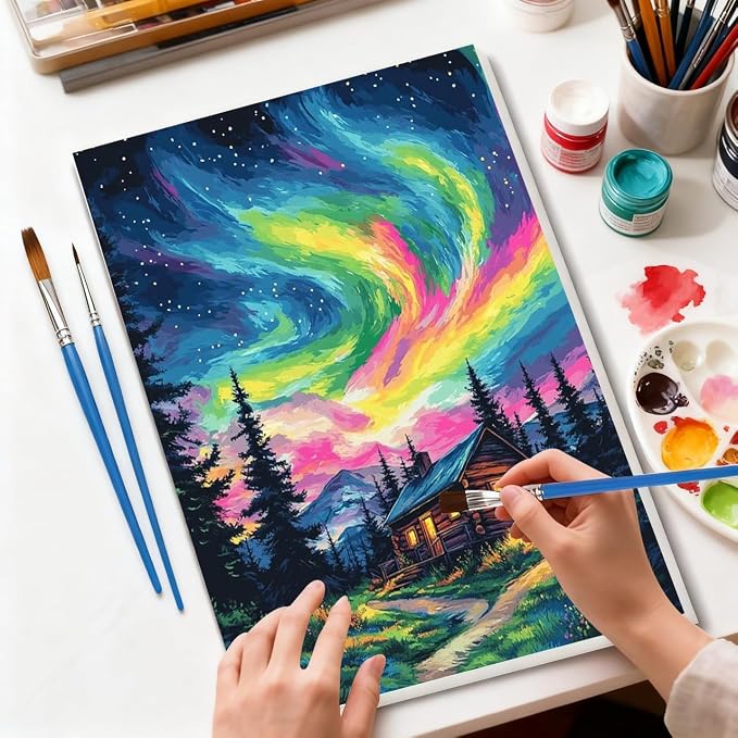 Aurora Paint by Numbers Kit for Adults Beginner,Wooden House Adult Paint by Number Kits on Canvas with Frame,Night Sky DIY Acrylic Oil Painting by Numbers Kits for Home Wall Decor 9.5x11.8 inch