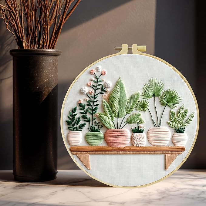 Full Range Embroidery Kit for Adult, Green Plant Pattern Embroidery Kit for Beginners Include Embroidery Cloth Hoops Threads for Craft Lover Hand Stitch with Embroidery Skill Techniques (Plant1)