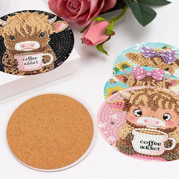 mrpwnle Diamond Art Coasters Kits, 8 Pcs Cow Diamond Painting Coasters Kits