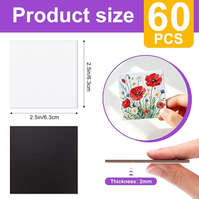 60Pack 2.5x2.5IN Square Mini Canvas Magnets, Small Magnetic Paint Canvas