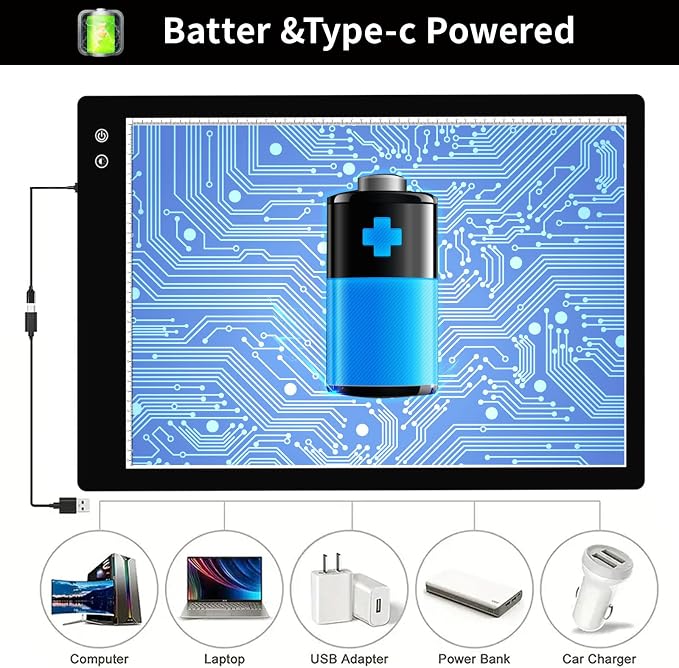 YINGWOND Rechargeable A2 Light Pad, Wireless Battery Powered Artist Tracing Light Box, 3 Colors/6-Level/Stepless Adjusted Brightness Large Light Board for Diamond Painting, Cricut Weeding Vinyl, Art
