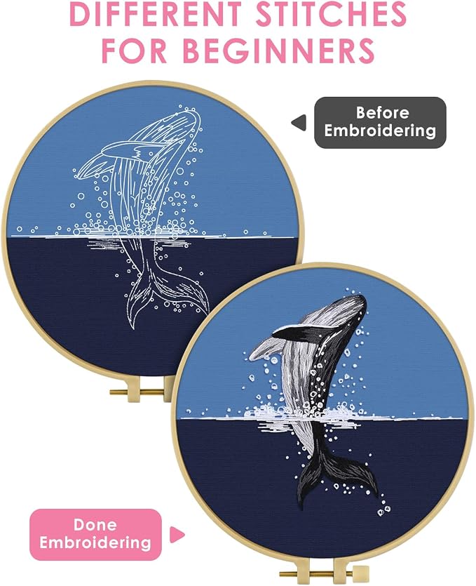 TINDTOP Embroidery Kit for Beginners Adult, Whale Embroidery Practice Kit | Include Embroidery Cloth Hoops Threads for Craft Lover Hand Stitch with Embroidery Skill Techniques