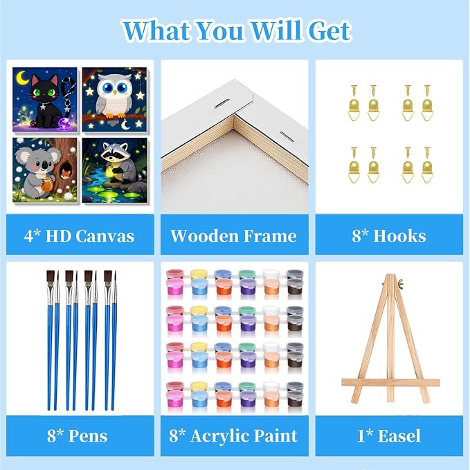 Arttoplus 4 Pack Paint by Numbers Kit for Kids with Frame Animals 8x8in | Cute Kids Paint by Numbers Ages 4-8-12 with Wooden Easel, Easy DIY Acrylic Oil Painting by number Aniamls for Gift Home Decor