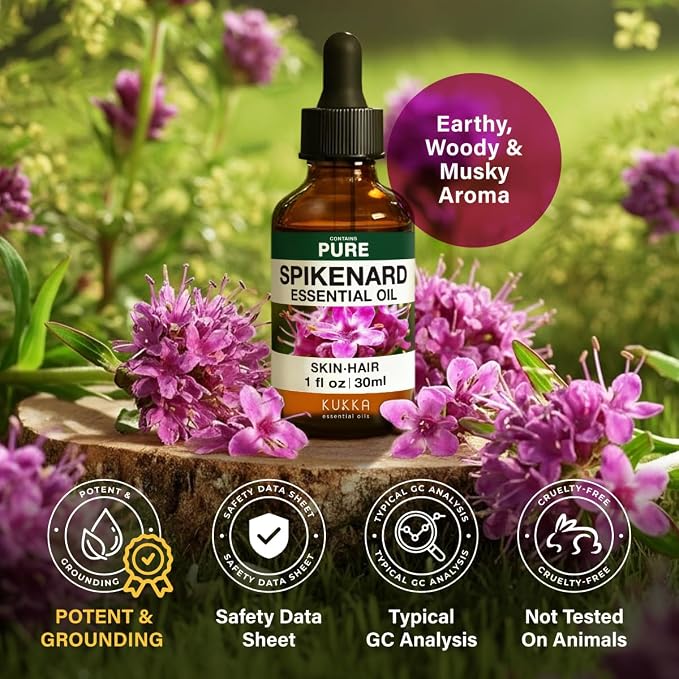 Kukka 100% Pure Spikenard Essential Oil for Skin, Diffuser, 1.02 Fl Oz | Undiluted Spikenard Oil for Meditation Diffuser Blends, Grounding Aromatherapy, Massage & DIY Soap Making