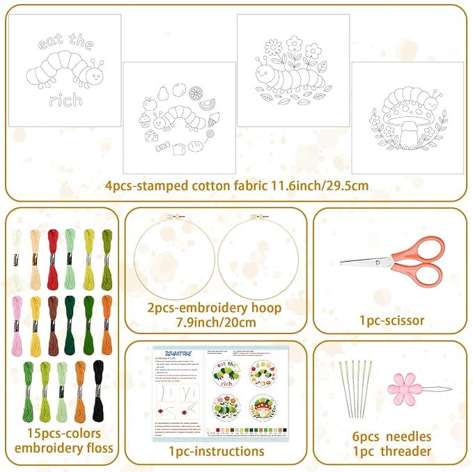 BEUNITONE 4 Set Embroidery Kits for Beginners with Easy Caterpillar Pattern, DIY Craft Kits Include Instructions and 2 Embroidery Hoops, Cross Stitch Needlepoint Kits for Craft Lover and Home Decor