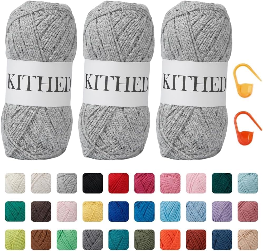 Cotton Chainette Yarn,4 Medium (Worsted)-10oz,3 Pack,Knitting Yarn for Beginners,Thicker for Crocheting and Knitting (03 Light Grey)