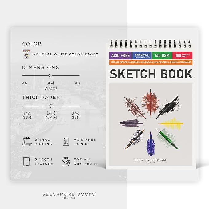 Beechmore Books 9x12 Top Spiral Sketchbook 140 GSM 100 Perforated Pages | Acid-Free White Paper, Artist Sketch Pad & Drawing Notebook, Art Supplies for Adults, Artists, Students & Teens