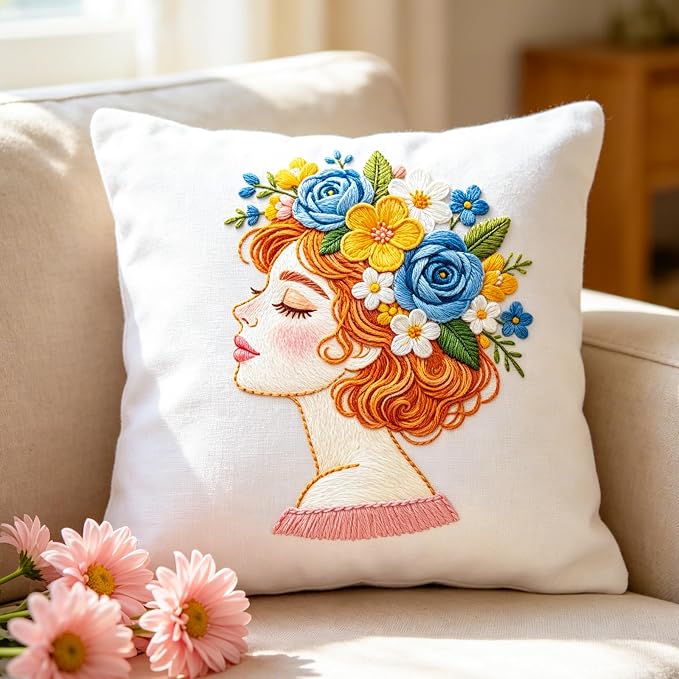 BEUNITONE 4 Set Embroidery Kits for Beginners Adult with Pre-Print Pattern | 7.9x7.9" Include Embroidery Cloth Hoops Threads for Craft Lover, Beautiful Flower Lady Pattern for Women Home Decor