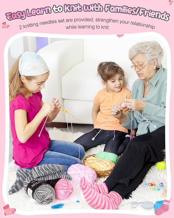 Katech Knitting Kit for Beginner Adults W/Socks Step-by-Step Instruction | 4 Pcs Socks Yarn Knitting Kit w/ Knitting Needles, Knitting Starter Kit for Learn to Knit Sock Kits Gift Gray-pink