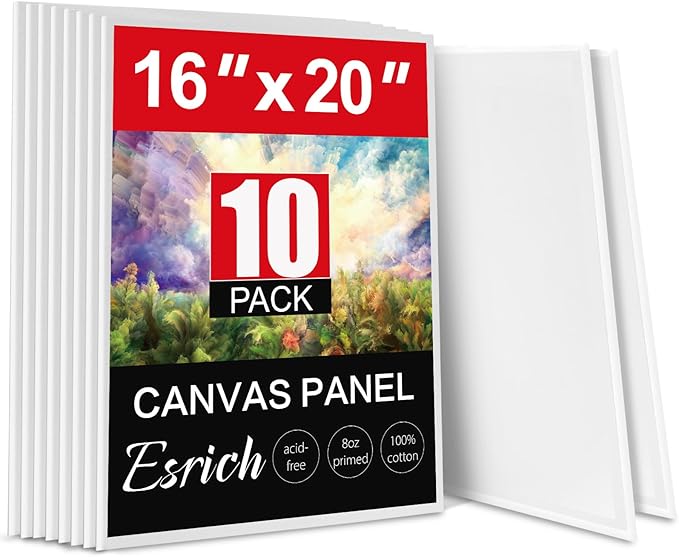 ESRICH Canvas for Painting 16x20 Inch, 10 Pack Flat Canvas Boards for Painting Cotton Primed Acid Free Large Blank Canvases, Canvas Panels for Oil Paint, Watercolor, Acrylic Paint, Gouache, Tempera.