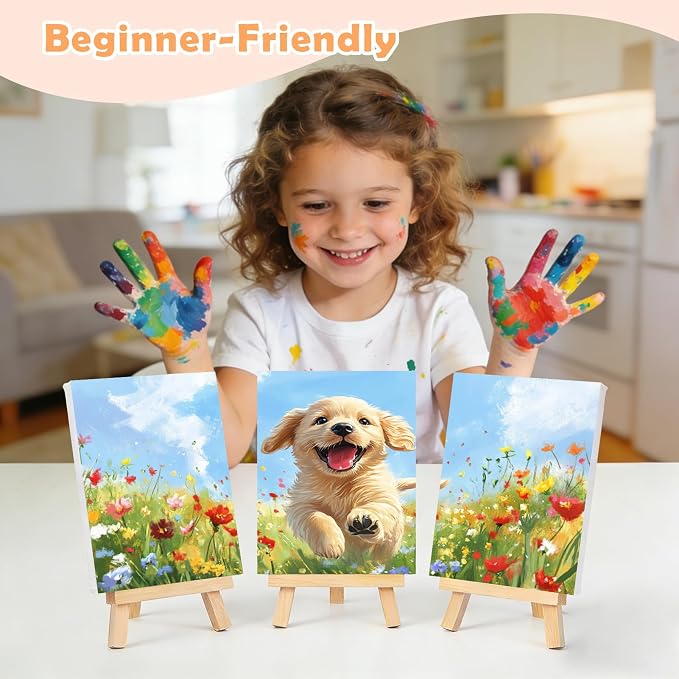 3 Piece Paint by Numbers Kit for Kids Easy Kid Paint by Number Kits Ages 8-12 Dog DIY Painting Kits for Kids Age 4-8 Beginner Paint by Number Canvas with Frame Children Color by Numbers Kit 8x12 Inch