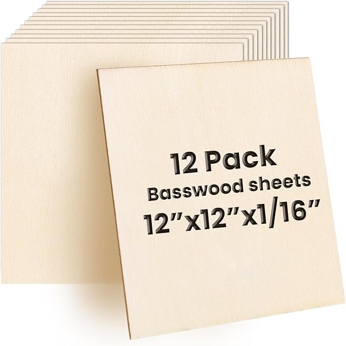 12 Pack Basswood Sheets 12 x 12 x 1/16 Inch Thin Wood Sheets for Crafts