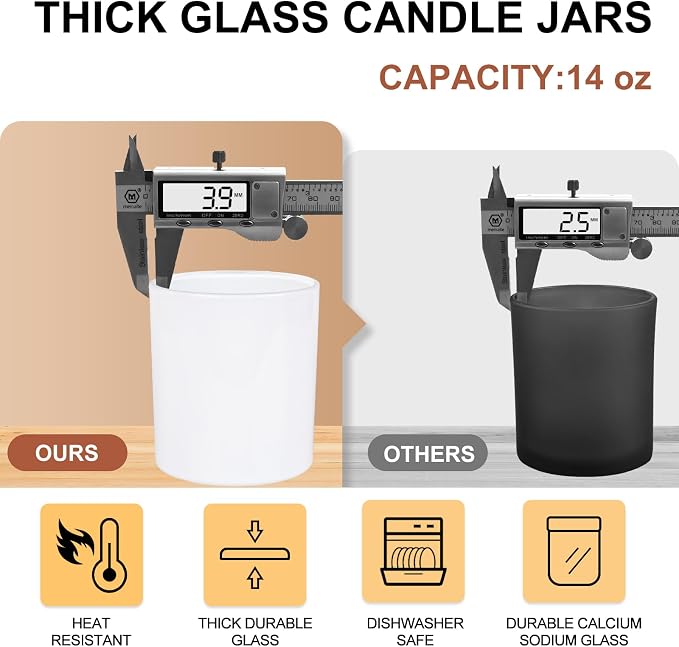 SHOWIN Thick Candle Jars for Making Candles 12 Pcs, 14 OZ Empty Jars with Wood Lids for Candle Making, Sample Container, Glossy White
