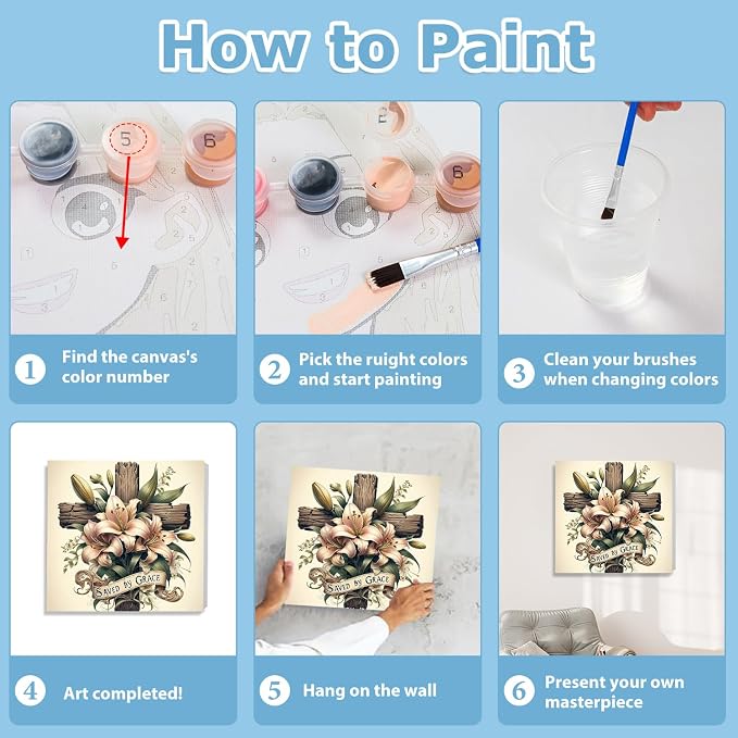 Cross Paint by Numbers Kit for Adults Beginner, Paint by Numbers 10x10 Inch | Framed Paint by Numbers Kit for Adults Beginner with Easel, Acrylic Painting by Numbers, DIY Crafts for Gifts or Home Decor
