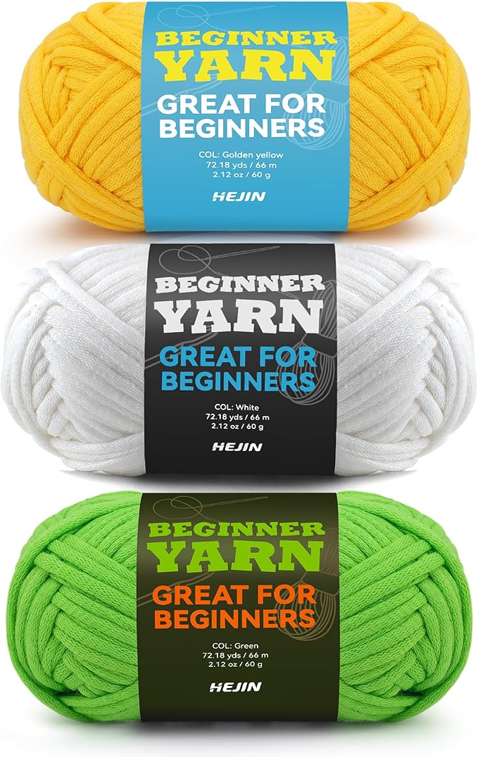 3x60g Yellow+White+Green Yarn for Crocheting and Knitting;3x66m (72yds) Cotton Yarn for Beginners with Easy-to-See Stitches;Worsted-Weight Medium #4;Cotton-Nylon Blend Yarn for Beginners Crochet Kit