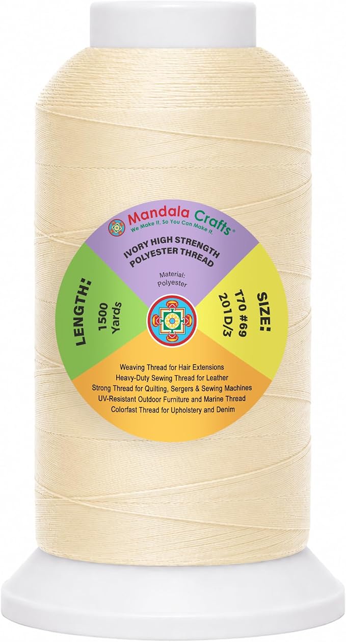 Mandala Crafts Ivory Tex 70 Polyester Heavy Duty Thread for Upholstery | 1500 Yds T70 UV Resistant Strong Thread for Leather Sewing, Marine, Drapery, Jeans, Hair Weaving & Extension, Outdoor