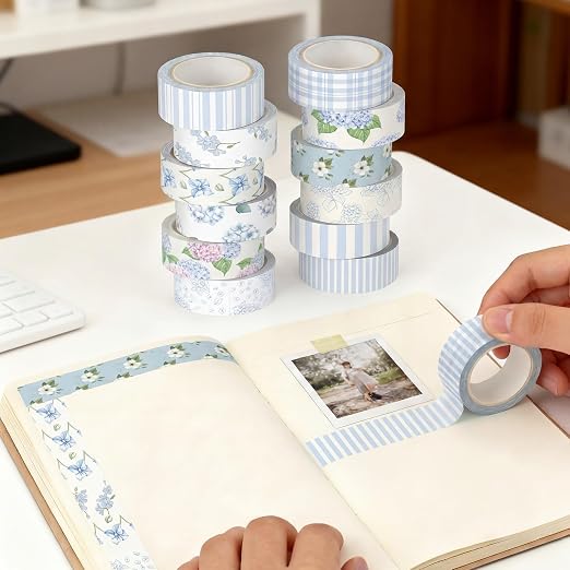 12 Rolls Floral Washi Tape Set,Light Blue,Hydrangea | Watercolor Flowers Design for Scrapbook Journal DIY Craft School Supplies, 15 mm Vintage Decorative Masking Washi Tapes
